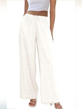 Women's Wide-Leg Drawstring Cotton/Linen-Blend Pants - Cream